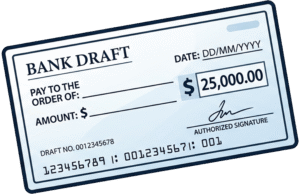Bank draft icon featuring a clean light blue and white vector illustration of a commercial bank check.