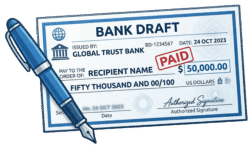Bank Draft Pen PNG Bank draft pen featuring a detailed blue and white bank check stamped paid with a resting blue fountain pen.