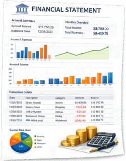 Bank Statement Icon PNG Bank statement icon featuring a detailed financial document with colorful charts, transaction tables, stacked gold coins, a calculator, and a pen.