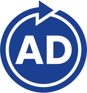 Creative circular ads arrow icon featuring a solid blue circle with a looping arrow and bold white AD text.