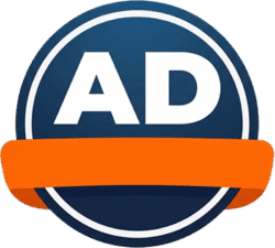 Creative circular ads banner icon featuring a navy blue circle with bold white AD text and a blank orange ribbon banner.