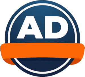 Creative circular ads banner icon featuring a navy blue circle with bold white AD text and a blank orange ribbon banner.