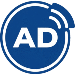 Creative circular ads broadcast icon featuring a solid blue circle with white AD text and broadcast signal waves.