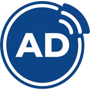 Creative circular ads broadcast icon featuring a solid blue circle with white AD text and broadcast signal waves.
