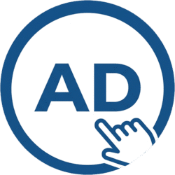 Creative circular ads hand pointer icon featuring a blue outlined circle, white center, bold AD text, and a clicking hand cursor.