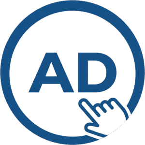 Creative circular ads hand pointer icon featuring a blue outlined circle, white center, bold AD text, and a clicking hand cursor.