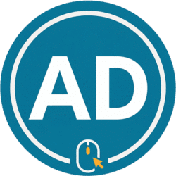 Creative circular ads mouse icon featuring a teal circle with bold white AD text and a computer mouse cursor.