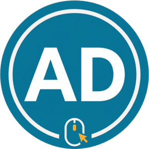 Creative circular ads mouse icon featuring a teal circle with bold white AD text and a computer mouse cursor.