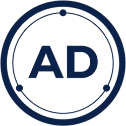 Creative circular ads network icon featuring a dark blue orbital design with connection nodes and bold AD text.