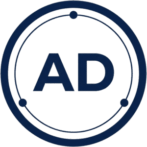 Creative circular ads network icon featuring a dark blue orbital design with connection nodes and bold AD text.