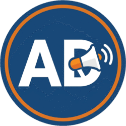 Creative circular ads play icon featuring a navy blue circle with an orange border, bold white AD text, and a megaphone graphic.