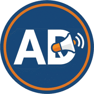 Creative circular ads play icon featuring a navy blue circle with an orange border, bold white AD text, and a megaphone graphic.