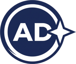 Creative circular ads star icon featuring a dark navy blue circle with bold white AD text and a white four-pointed star.