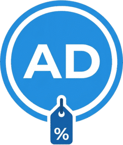 Creative circular ads tag icon featuring a light blue circle with bold white AD text and a hanging dark blue percent discount tag.