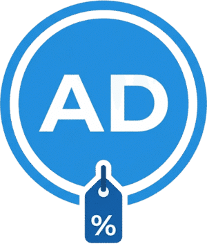 Creative circular ads tag icon featuring a light blue circle with bold white AD text and a hanging dark blue percent discount tag.