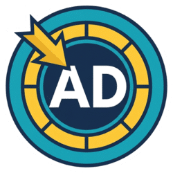 Creative Circular Ads Target Icon PNG Creative circular ads target icon featuring a teal and yellow bullseye design with a yellow arrow pointing to white AD text.