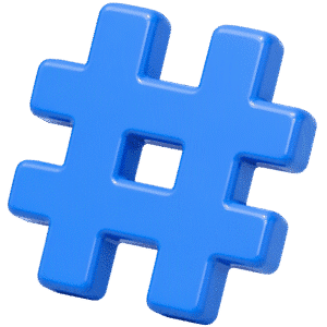 Hashtag icon 3D glossy featuring a bright blue, three-dimensional pound sign with smooth, reflective lighting.