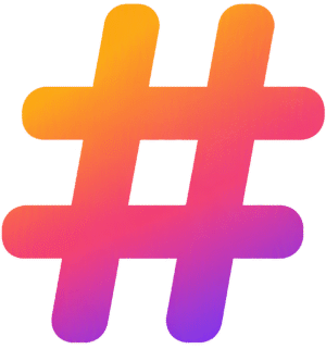 Hashtag icon gradient modern featuring a bold pound sign with a smooth color transition from orange to pink and purple.