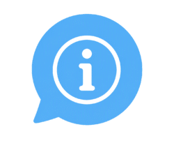 Info chat bubble context UI featuring a flat light blue speech bubble containing a white outlined circle with an informational 'i' symbol.
