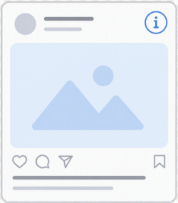 Info post content card details featuring a minimalist social media wireframe with an image placeholder, text lines, and engagement icons.
