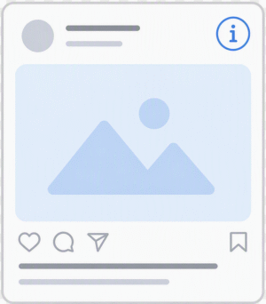 Info post content card details featuring a minimalist social media wireframe with an image placeholder, text lines, and engagement icons.