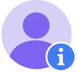 Info profile account details status featuring a flat purple user avatar silhouette with a blue informational badge.
