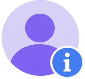 Info profile account details status featuring a flat purple user avatar silhouette with a blue informational badge.