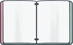 Notebook bullet journal dot featuring an open double-page spread with a dot grid pattern and center binding.