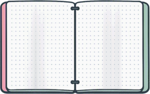 Notebook bullet journal dot featuring an open double-page spread with a dot grid pattern and center binding.