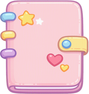 Notebook cute kawaii pastel featuring a soft pink cover decorated with stars, hearts, colorful binding rings, and a yellow clasp.