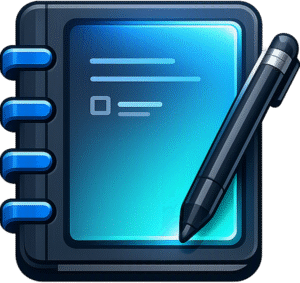 Notebook digital smart flat featuring a glowing blue screen, side bindings, and a black stylus pen.