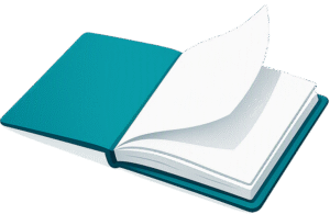 Notebook half open featuring a teal cover with blank white pages turning in perspective.