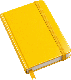 Notebook icon 3D glossy featuring a premium shiny yellow cover with an elastic band and bookmark.