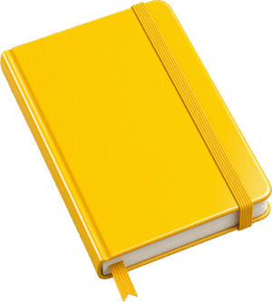 Notebook icon 3D glossy featuring a premium shiny yellow cover with an elastic band and bookmark.