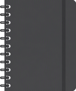 Notebook icon flat minimal featuring a dark grey cover with spiral binding and a vertical elastic band.