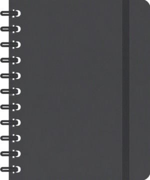 Notebook icon flat minimal featuring a dark grey cover with spiral binding and a vertical elastic band.