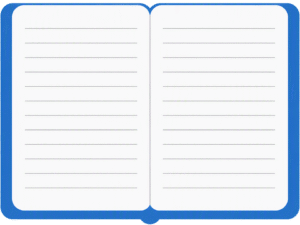 Notebook open pages UI featuring a flat design of an open book with white lined pages and a blue cover border.