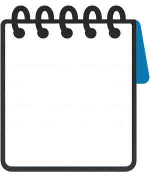 Notebook pocket top bound featuring a white notepad with black spiral rings and a blue flap.