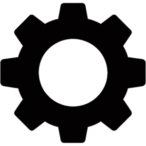 Settings gear wheel minimal featuring a solid black flat silhouette with eight thick teeth and a large hollow center.