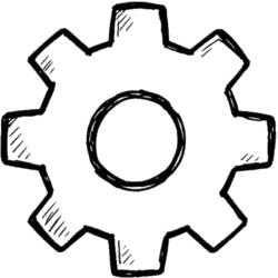 Settings icon doodle sketch featuring a hand-drawn black outline gear design with shaded detailing