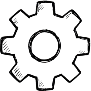 Settings icon doodle sketch featuring a hand-drawn black outline gear design with shaded detailing