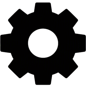 Settings icon minimal vector featuring a solid black flat gear silhouette with eight teeth and a circular hollow center.