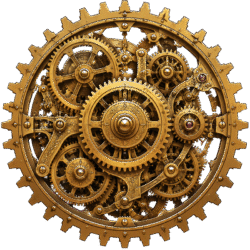 Settings icon vintage steampunk featuring a highly detailed, intricate golden brass gear mechanism with interlocking cogs.