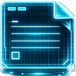 Sticky note neon hologram featuring a glowing blue futuristic grid design with a folded corner and tech interface lines.