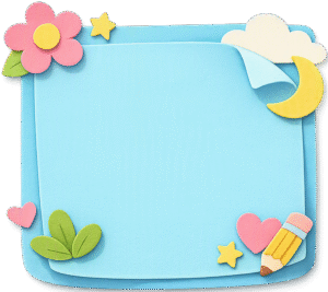 Sticky note paper cutout featuring a light blue memo pad decorated with craft flowers, stars, a moon, and a pencil.