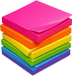 Sticky note stack 3d featuring a vibrant multi-colored tower of memo pads with a curled pink top page.