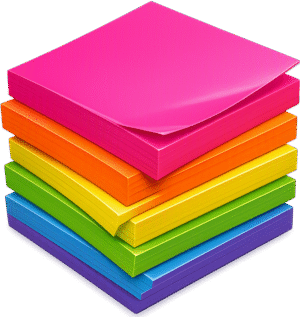 Sticky note stack 3d featuring a vibrant multi-colored tower of memo pads with a curled pink top page.