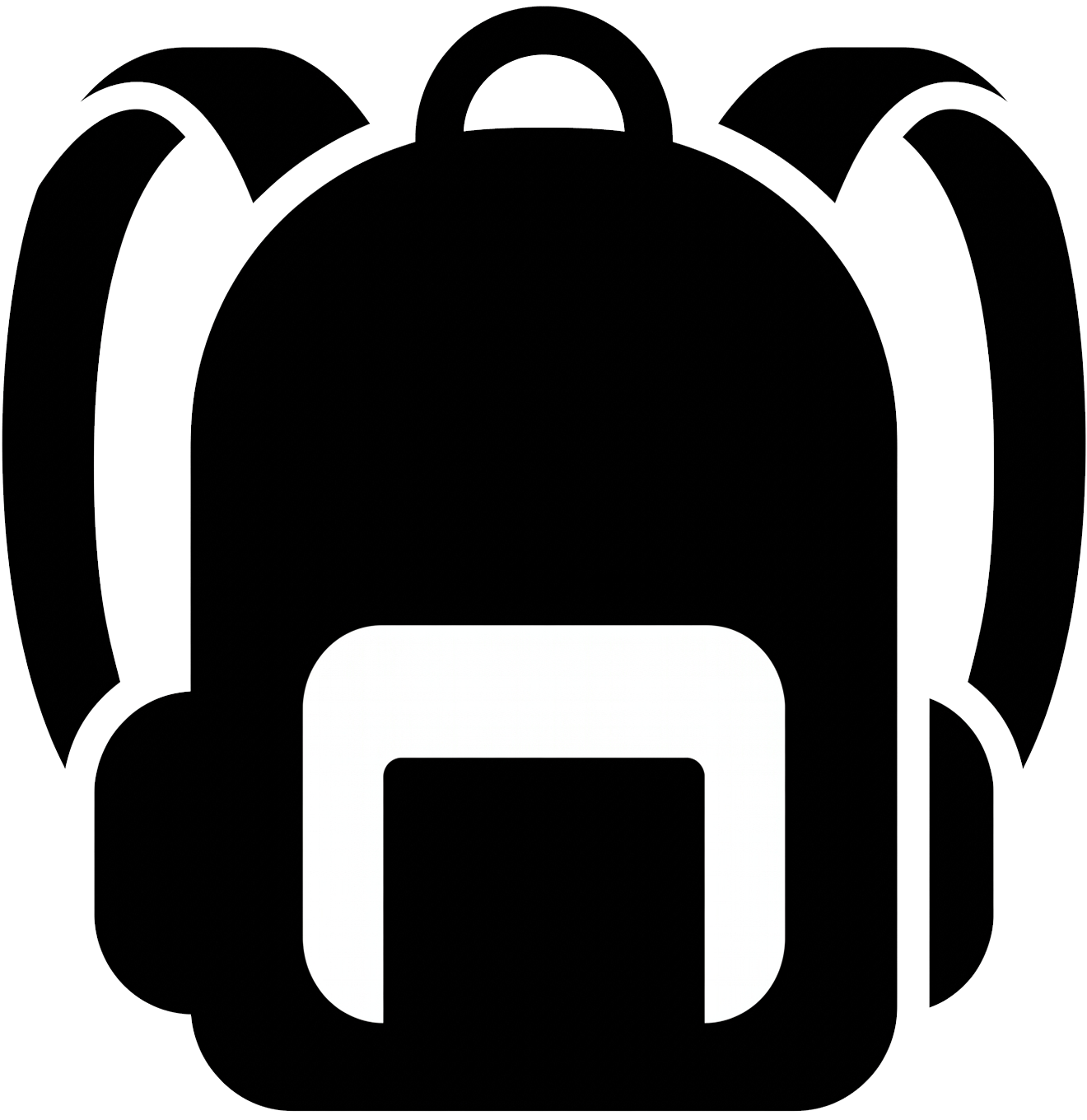 Tourist backpack icon featuring a minimalist solid black vector silhouette of a travel bag with shoulder straps and a white front pocket outline.