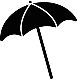 Tourist beach umbrella icon featuring a minimalist solid black vector silhouette of an open parasol.