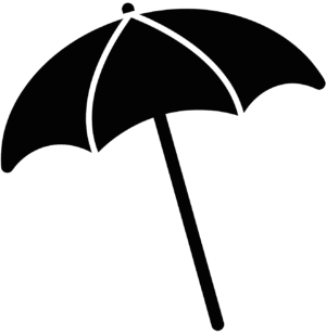 Tourist beach umbrella icon featuring a minimalist solid black vector silhouette of an open parasol.